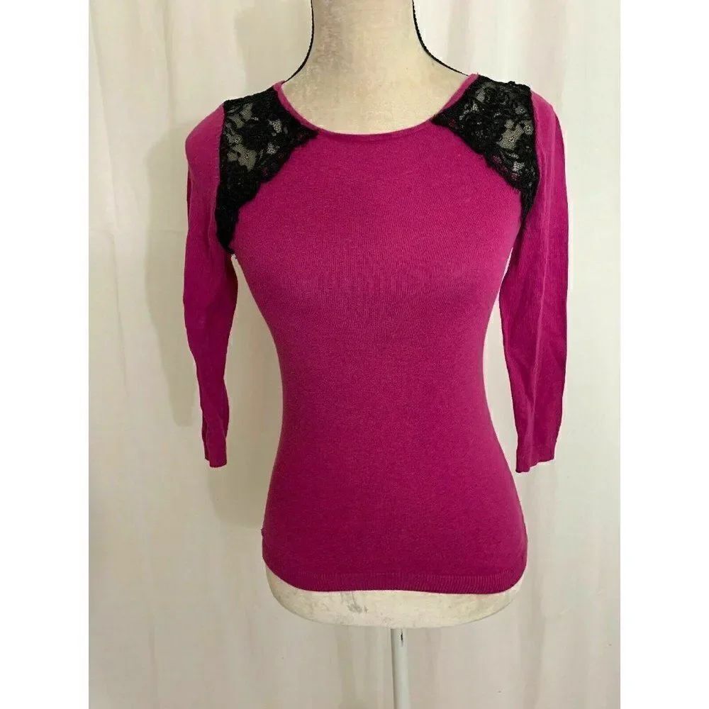 Topshop Womens Pink Black Lace Long Sleeve Top Sweater 2 Xs